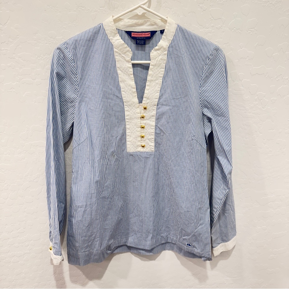 Vineyard Vines Popover Top Women 2 Blue White Striped Blouse Embroidered Classic